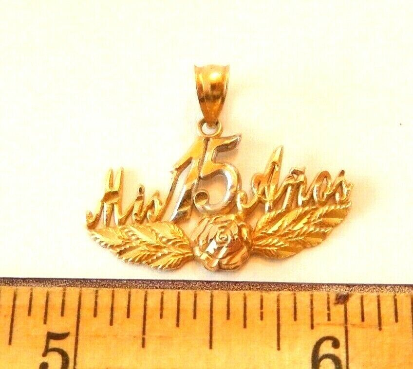 14K Tri-Color Gold My 15 Anos Quinceanera Fifteen  Pendant - 1 1/8"W x 7/8"H