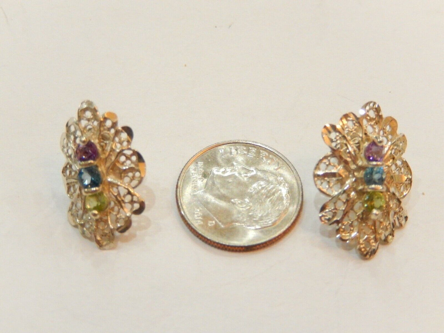 FILIGREE   STERLING SILVER  DIAMOND CUT GEMSTONE POST EARRINGS