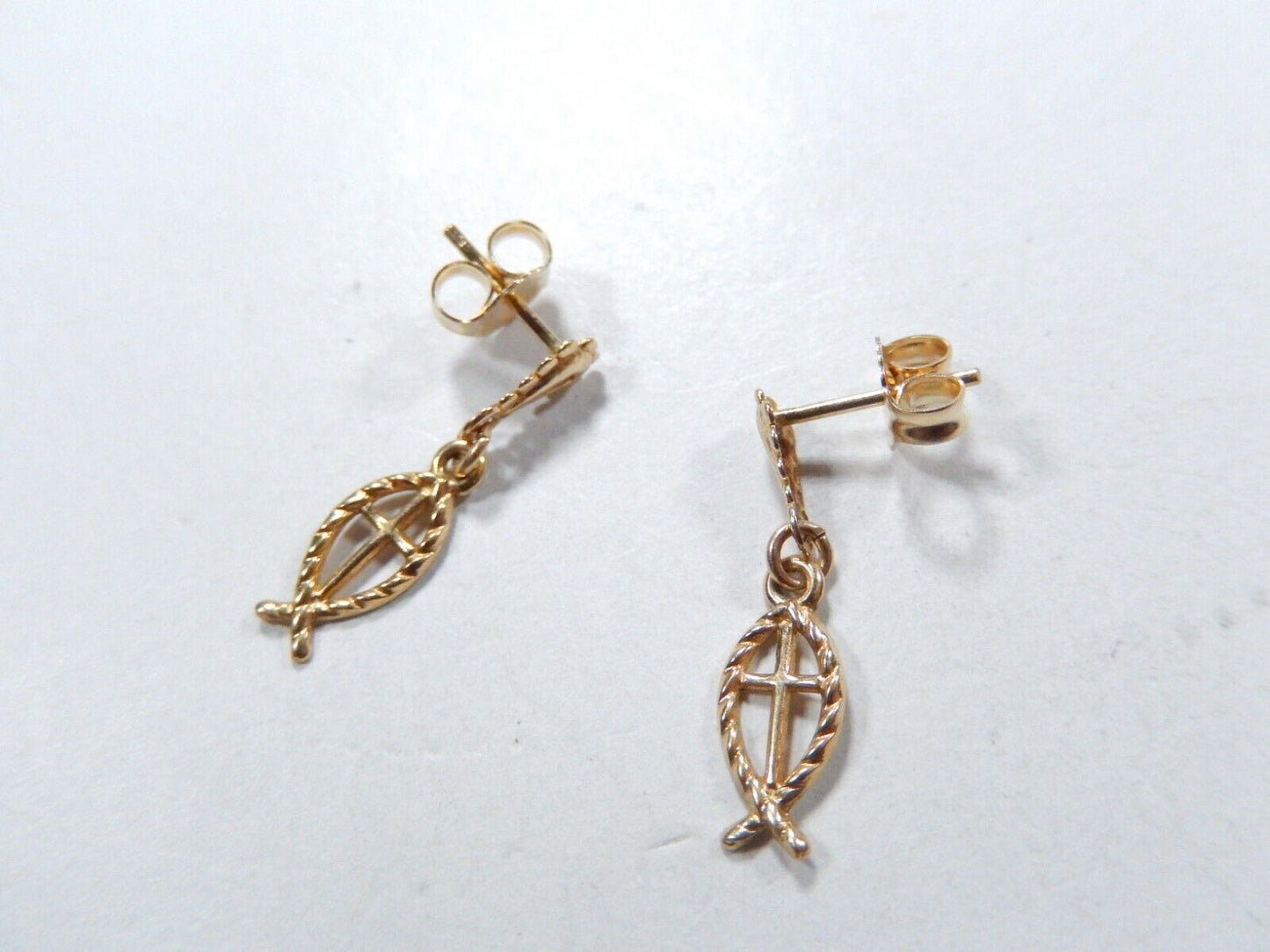14K Yellow Gold  Ichthus Cross Fish Dangle Earrings