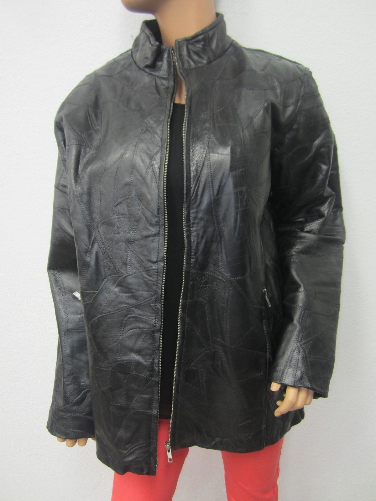 VERY NICE Cellini Black Soft Mosaic Patch Leather Women Coat Jacket Sz XL
