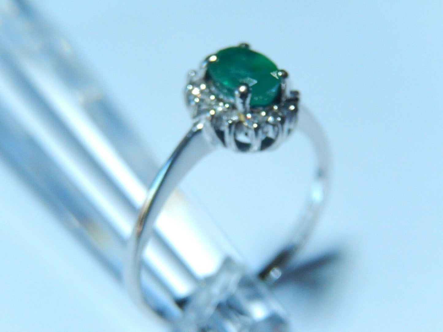 Vintage  1/2Carat Natural Emerald and Diamond Halo Ring 14k White Gold Size 8.25