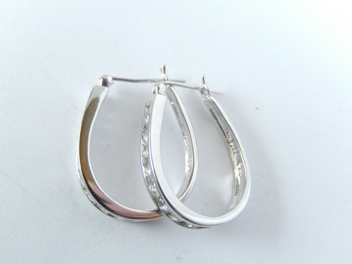 14K White Gold 1CT Natural Diamond Channel Set Oblong Hoop Earrings 24mm x 19mm