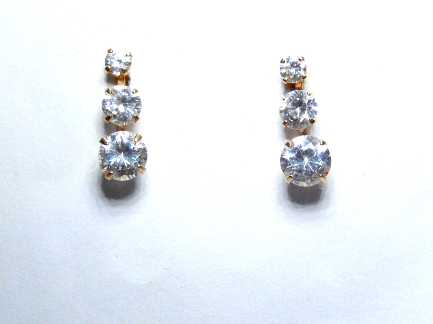 14K Yellow Gold Round Cubic Zirconia Three Stone Journey Stud Earrings