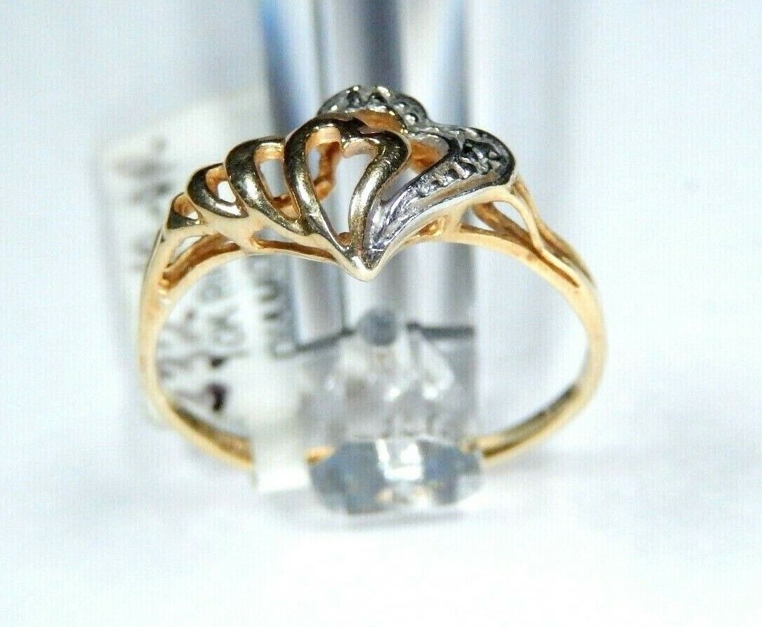 *VINTAGE* CUTE  10k Real Two Tone Gold Double Heart Diamond Ring Size 7.25