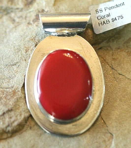 *VINTAGE*  Native American Handmade Sterling Silver Large Red Coral Pendant