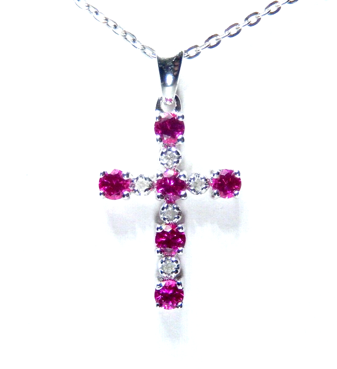 SOLID 10K White Gold Ruby & Diamond Cross Pendant w/18" Chain