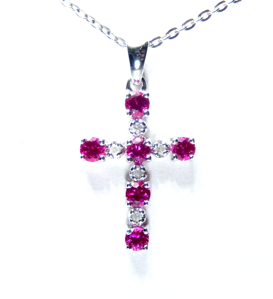 SOLID 10K White Gold Ruby & Diamond Cross Pendant w/18" Chain