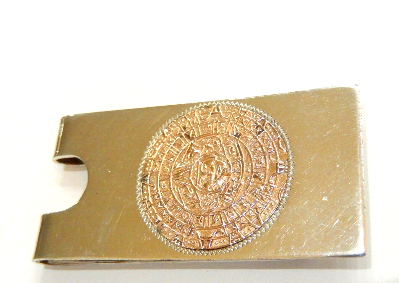 VINTAGE Sterling Silver Aztec Mayan Calendar Money Clip, Mexico, Signed - 18.4gm