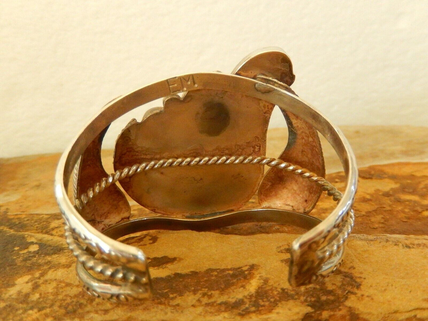 Vintage Signed "EM" Wide Southwest Heavy Turquoise Sterling Silver Cuff Bangle