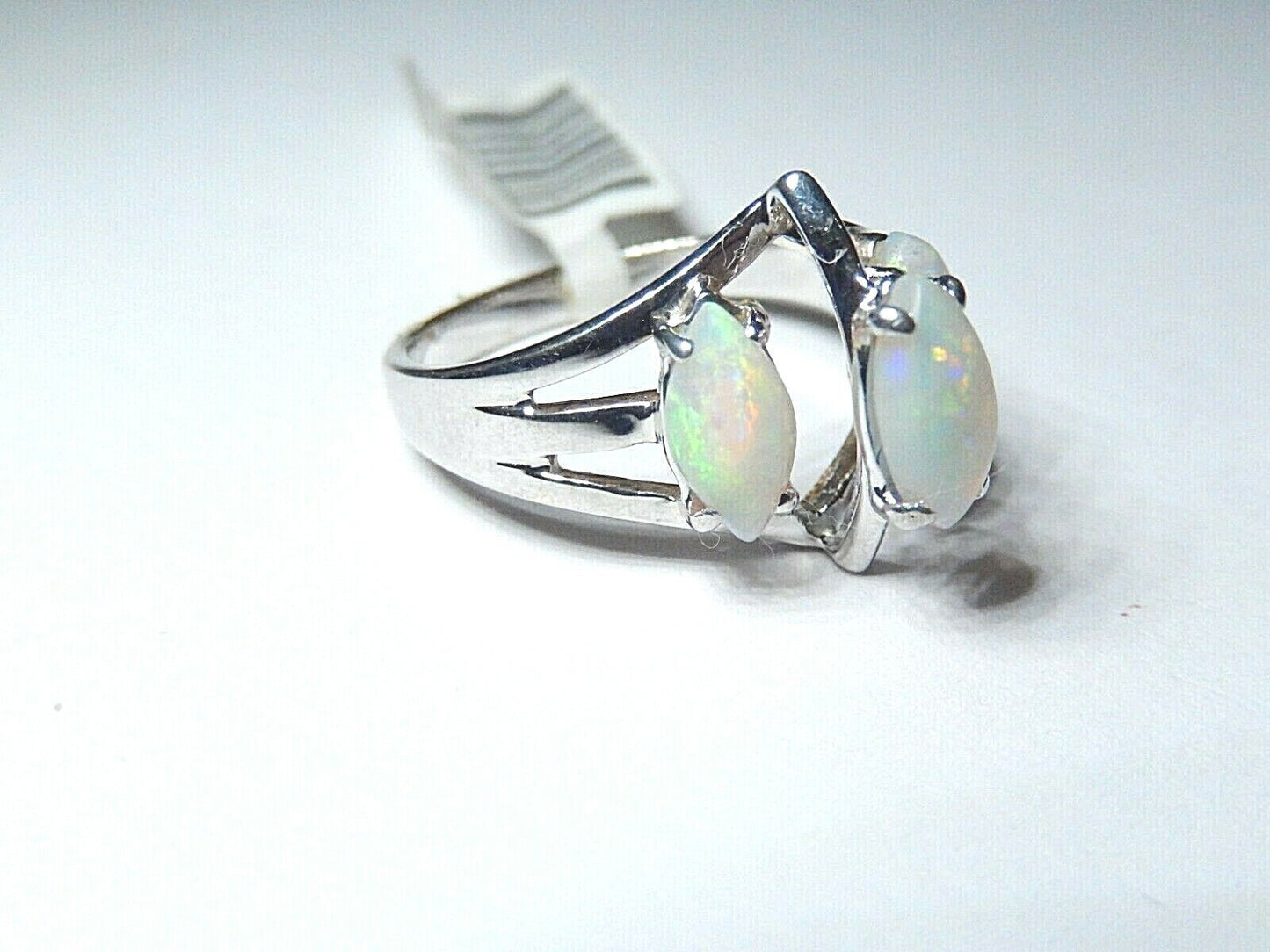 *NWT* 14K White Gold 1.50CT Navette Cut Natural Opal Three Stone Ring Size 7