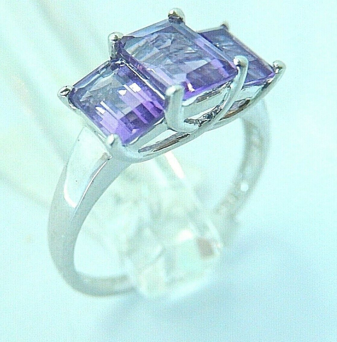 10k White Gold 2.50 Ct Emerald Cut Natural Amethyst 3-Stone Ladies Ring Sz 7.25