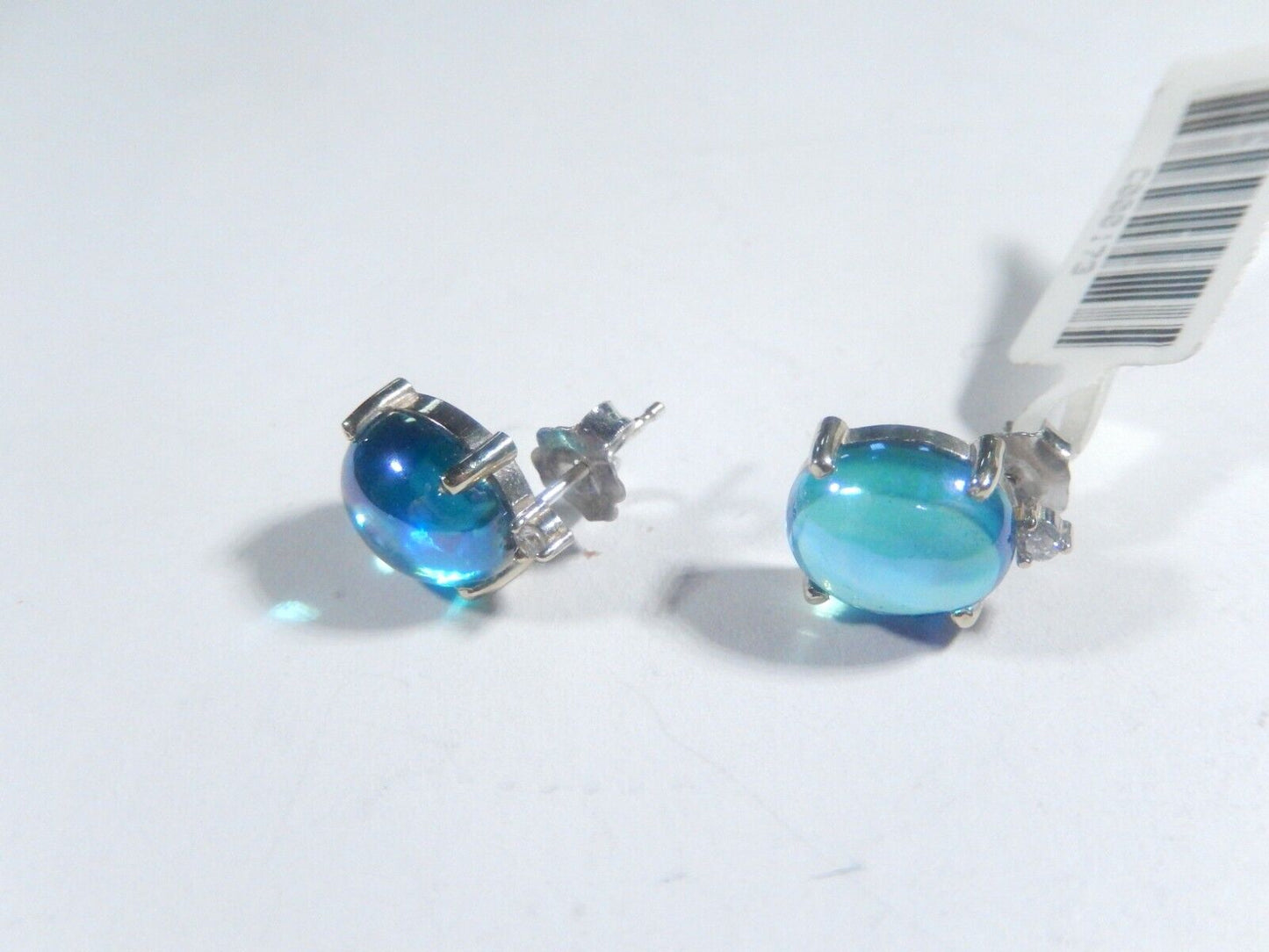 *VINTAGE*  14K 6.00 CT TW 10mm x 8mm Blue Chalcedony & Diamond  Stud Earrings