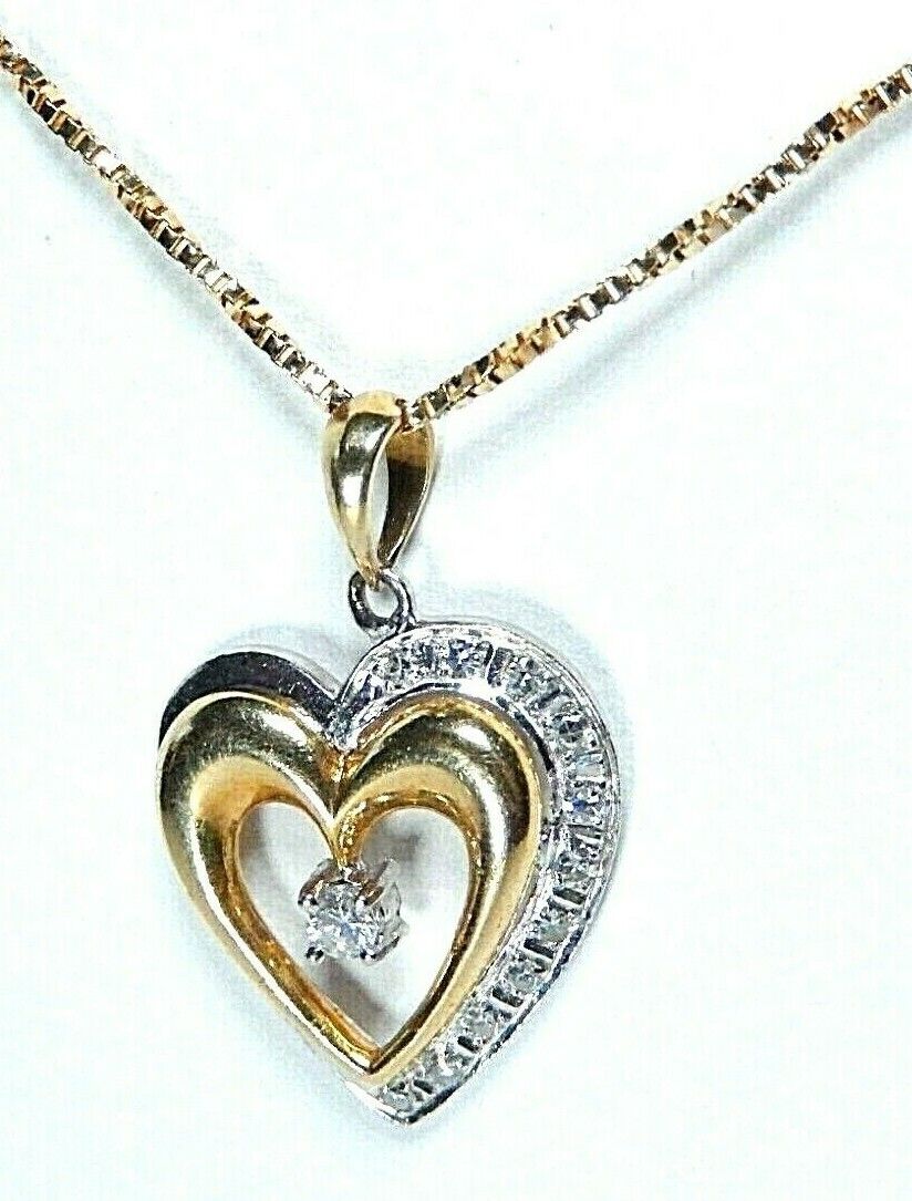 *VINTAGE*  14K Two Tone Gold Natural  Diamond Heart Pendant w/16" 14K YG Chain