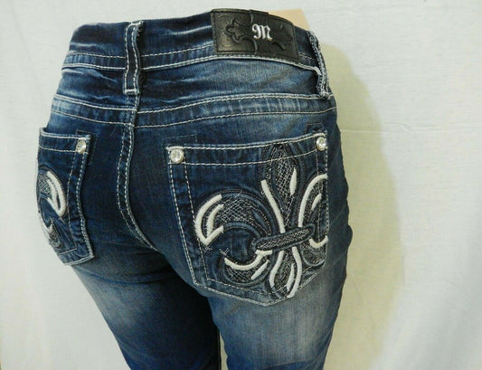 NWT MISS ME  Fleur de lis Style #B3110EBS  Mid Rise Easy Boot  Jeans W25" x L29"