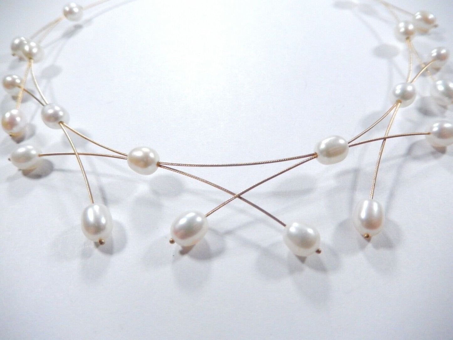 Solid 14k Yellow Gold Wire 7.5mm x 5.5mm 22 White Pearls  17" Necklace 9.8 gms
