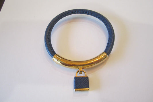 NWOT Michael Kors  Logo Lock Blue Leather Gold Tone Bangle Bracelet *STUNNING*