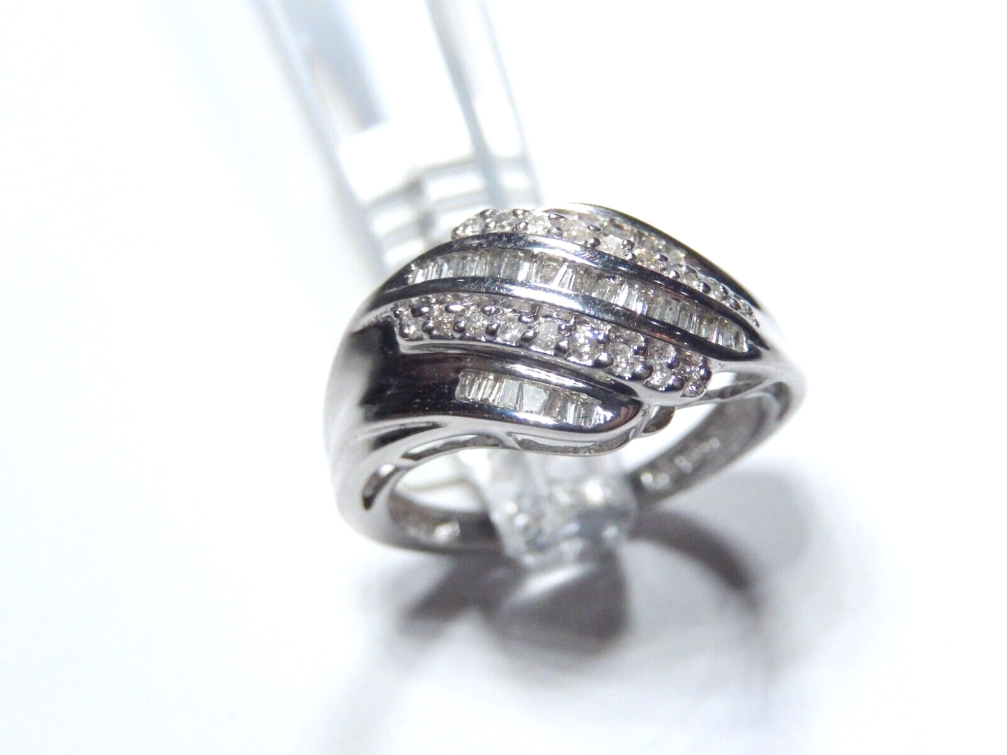 *VINTAGE* 3/4Ct Round & Baguette Natural Diamond Solid 10k White Gold Band Ring