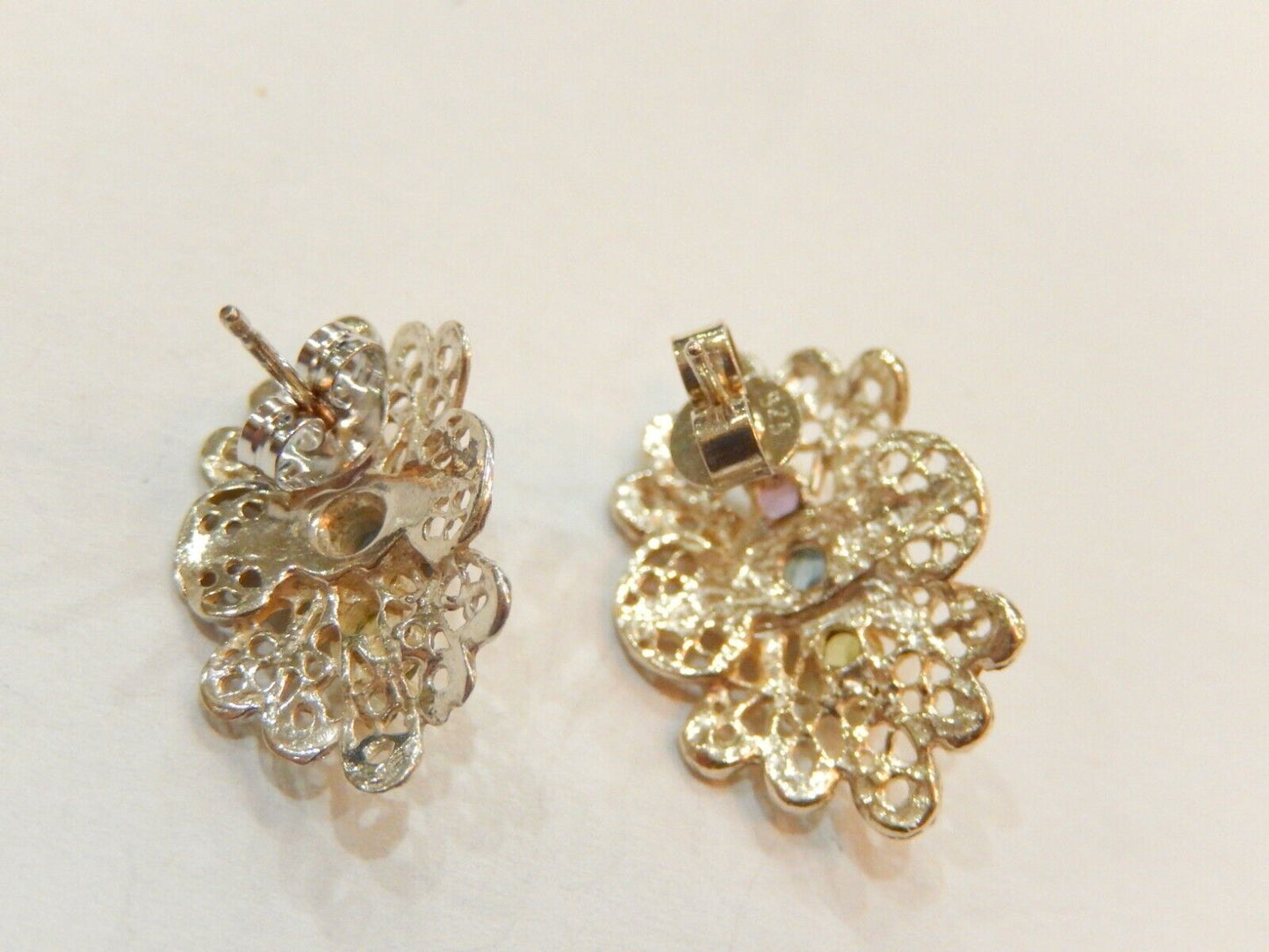 FILIGREE   STERLING SILVER  DIAMOND CUT GEMSTONE POST EARRINGS