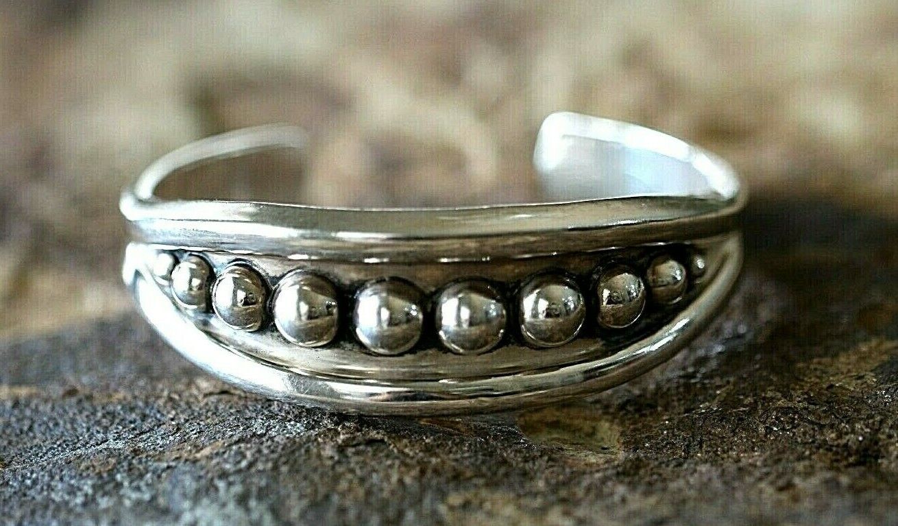 *VINTAGE* Sterling Silver 925 Taxco Mexico Beaded Cuff 7" Heavy Bracelet