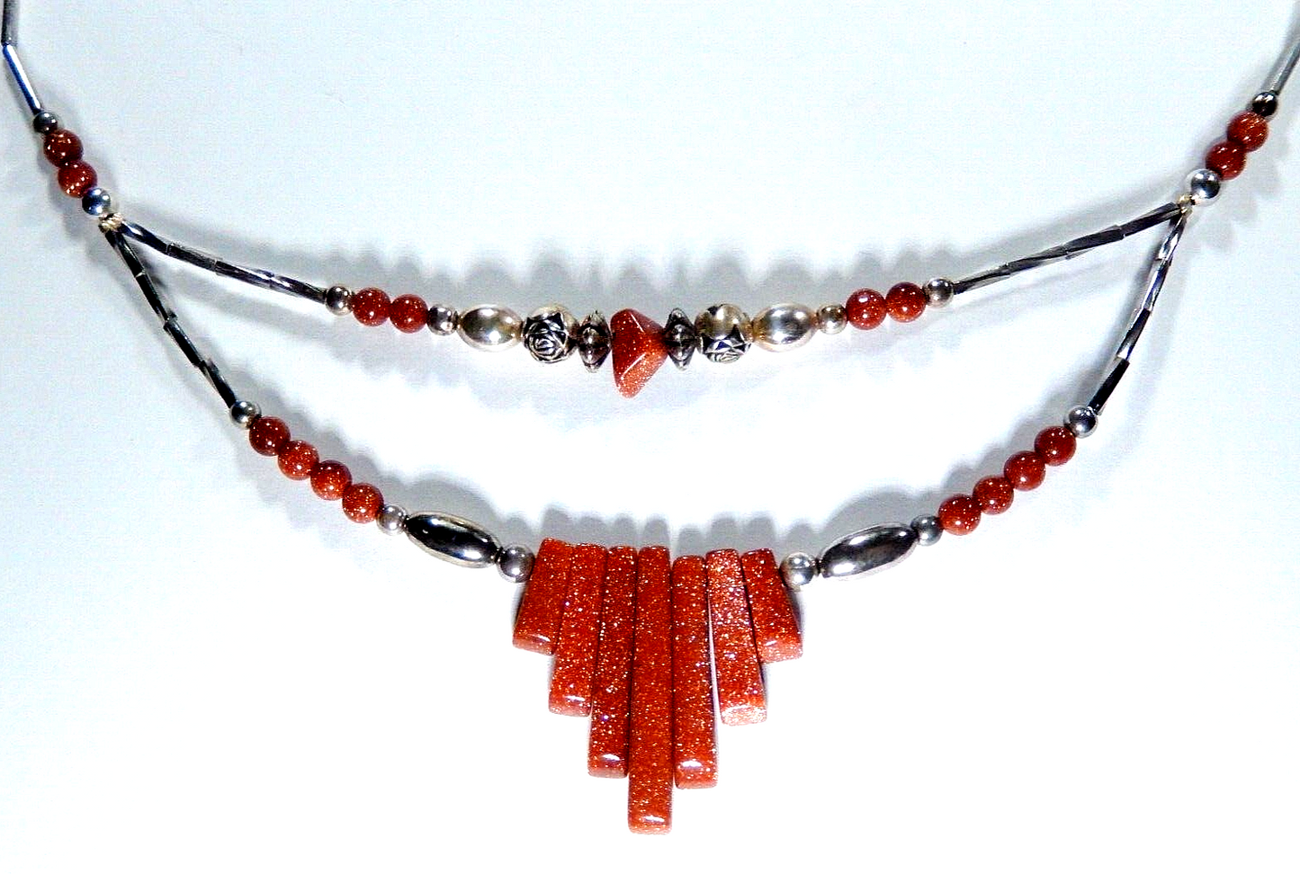 *VINTAGE* SOUTHWEST Sterling Liquid Silver Beaded  Orange Goldstone 18" Necklace