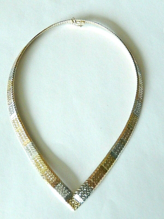 *VINTAGE* 925 Sterling Silver Italy Tri-Color 16" V-Shaped Mesh Necklace - MINT