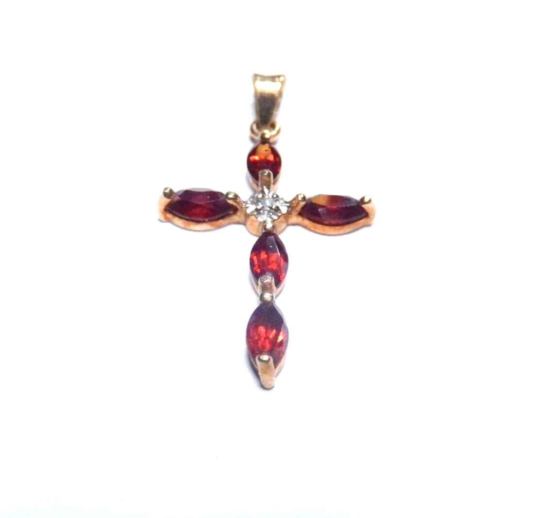 *VINTAGE*  10K Yellow Gold Garnet and Diamond Cross Pendant 1.25" Tall