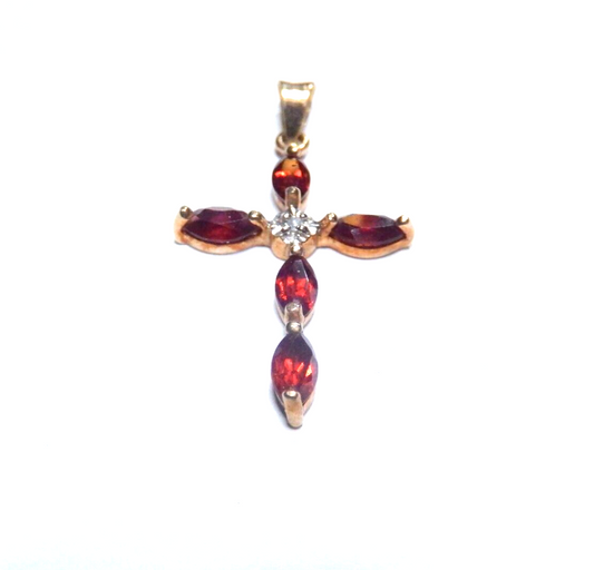*VINTAGE*  10K Yellow Gold Garnet and Diamond Cross Pendant 1.25" Tall