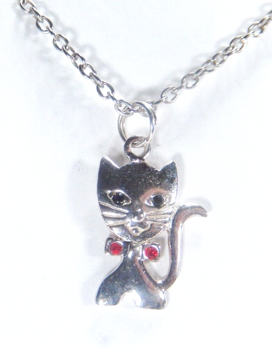 *VINTAGE* Sterling Silver Lab Created Sapphire & Ruby Kitty Cat Pendant Necklace