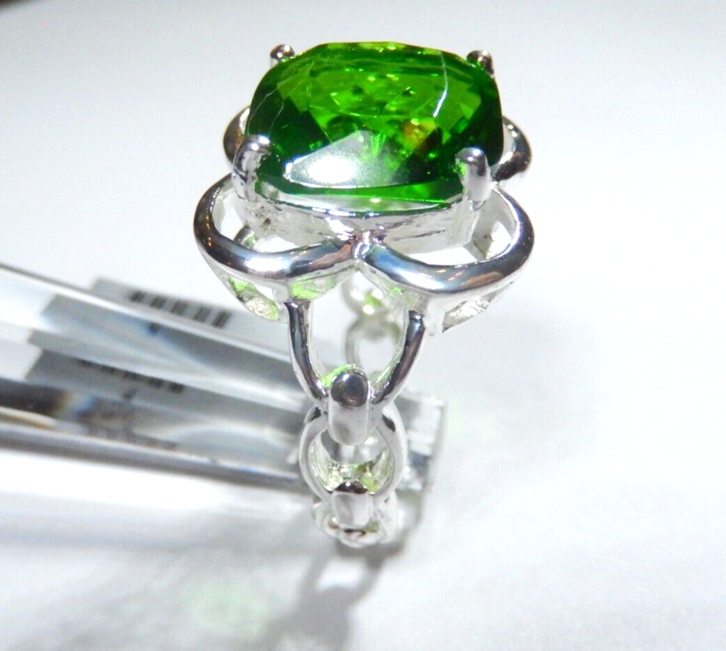 Sterling Silver 9.0 CT Cushion Cut Simulated Green Peridot Ring Size 7.75