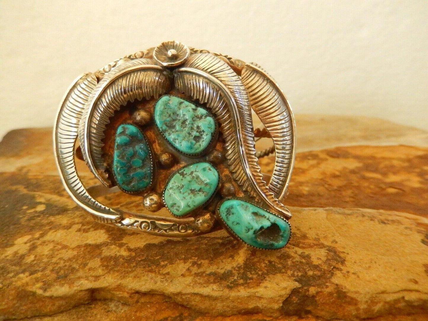 Vintage Signed "EM" Wide Southwest Heavy Turquoise Sterling Silver Cuff Bangle