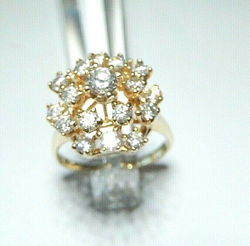 14k Yellow Gold White 1.5CT CZ Cluster Design Gorgeous Ladies Ring Size 7.5