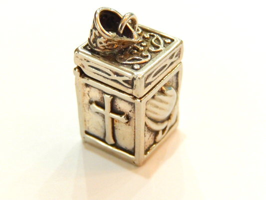 *VINTAGE*  Sterling Silver Christian Prayer Box Pendant Charm Hinged Opening