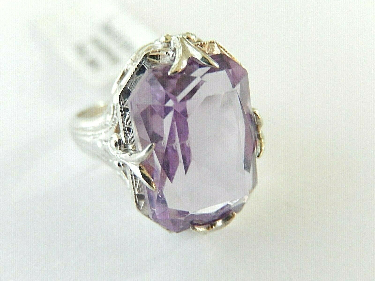 *VINTAGE* 18K White Gold Art Deco 7CT Emerald Cut Amethyst Gemstone Ring Sz 4.75