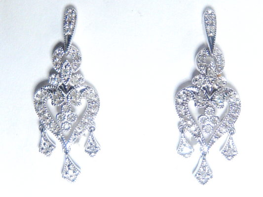 *VINTAGE ART DECO*  10K White Gold 1/3CT Diamond Heart Drop/Dangle Post Earrings