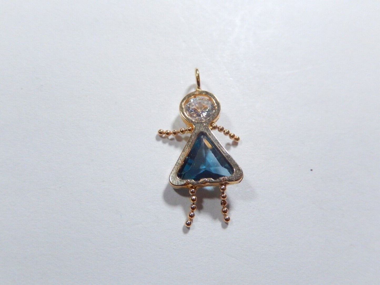 14K Gold Girl Baby Charm Pendant Blue Topaz Birthstone Baby 1" Tall
