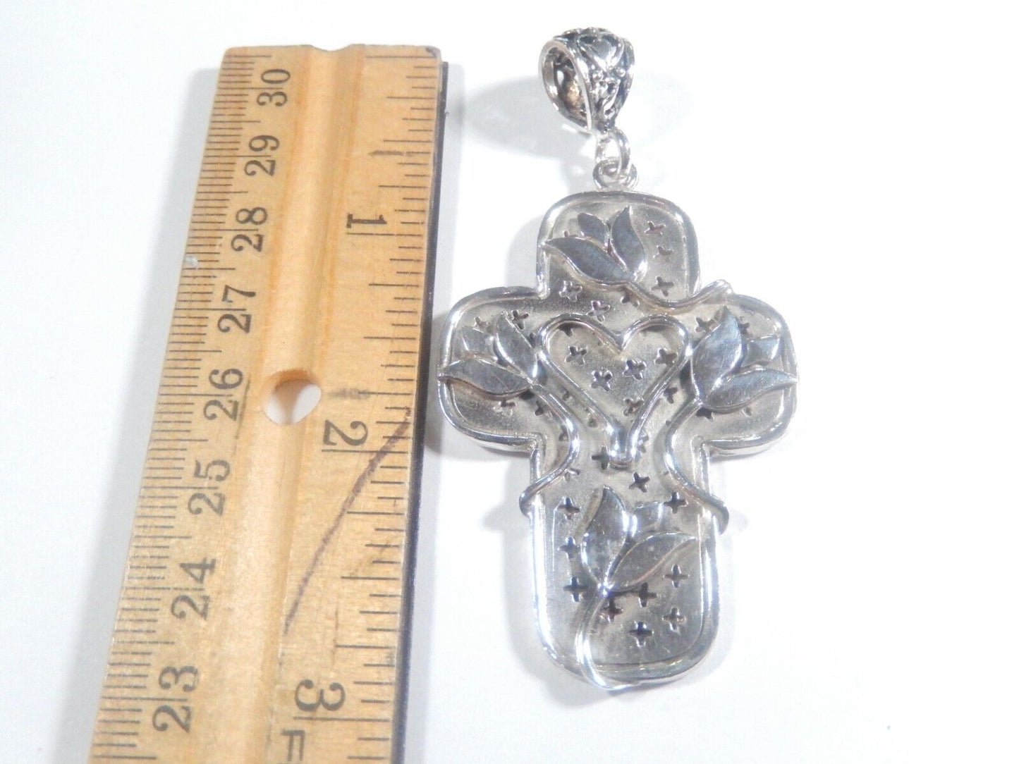 *VINTAGE* Sterling Silver HEAVY  LARGE  HEART &  FLOWER  CROSS PENDANT-22.5 gms