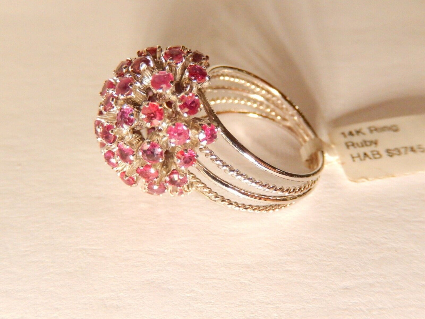 *VINTAGE*  LADIES 14KT WHITE GOLD LARGE RUBY CLUSTER STATEMENT RING SIZE 8