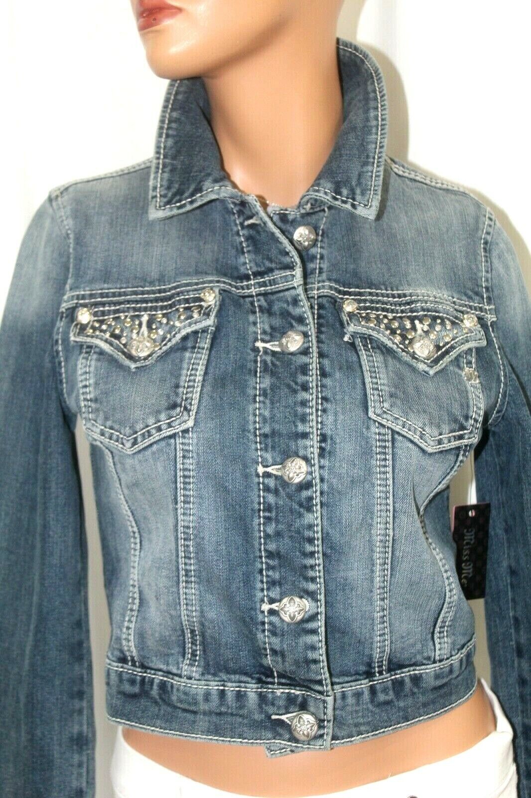 *NWT* Miss Me  JJ5788A Denim Jacket Rhinestone & Silver Stud Design Size Small