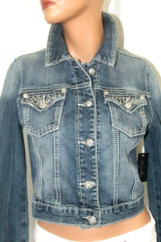 *NWT* Miss Me  JJ5788A Denim Jacket Rhinestone & Silver Stud Design Size Small