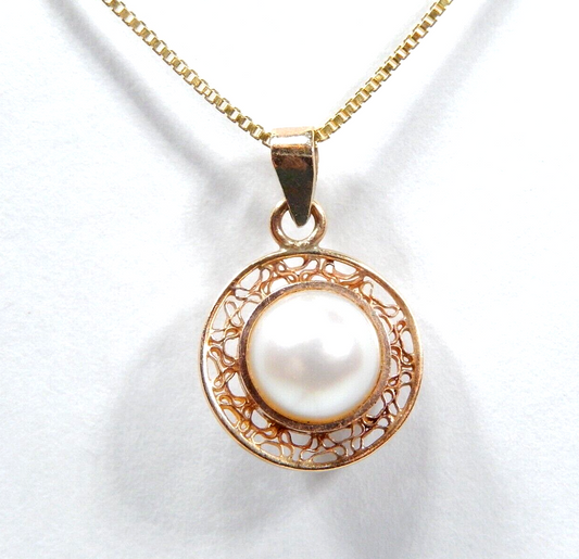 *VINTAGE*  Victorian   6.5mm Pearl 14k Yellow Gold Filigree Pendant w/18"chain
