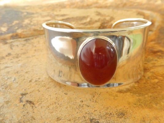 VINTAGE MODERNIST WIDE CARNELIAN STERLING SILVER BRACELET CUFF MEXICO SIGNED