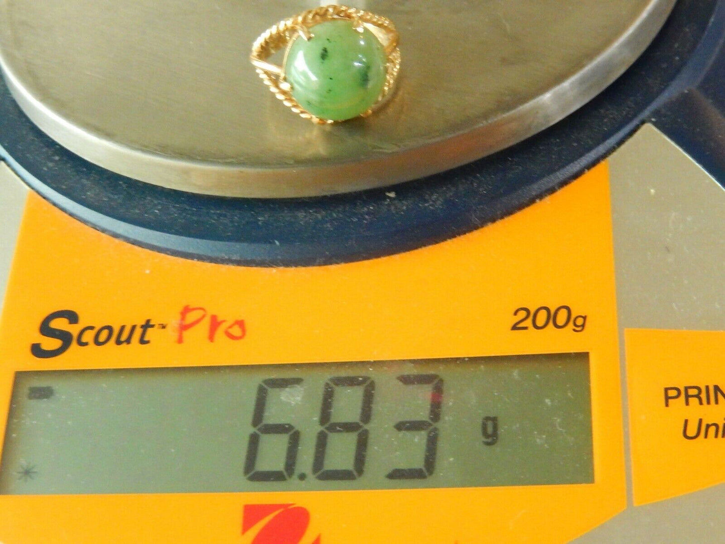 *VINTAGE* 14k Solid Yellow Gold 15mm Dome Shaped Green Jade Solitaire Ring Sz 8