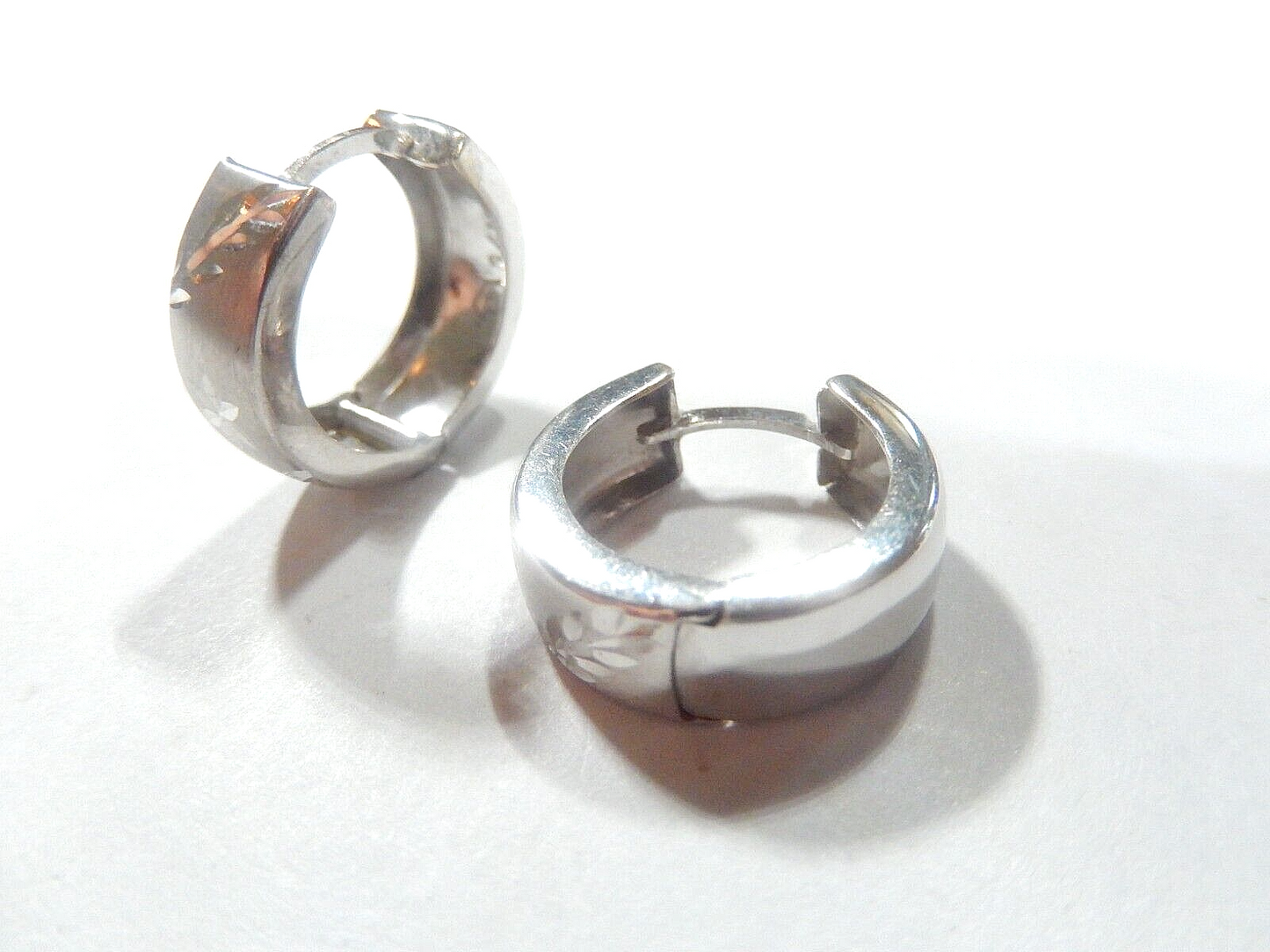 14K White Gold Huggie Earrings  6mm Wide Diamond Cut Hoops 16mm Round