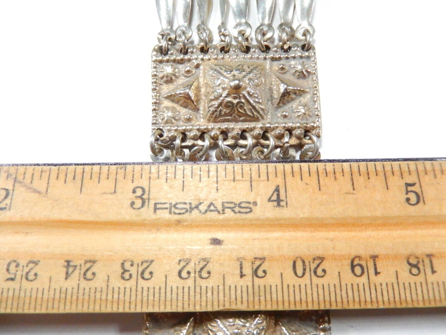 *VINTAGE*  BRASS & SILVER REPOUSSÉ PANEL LINK MEXICO BRACELET 1-3/8" x 7.5"