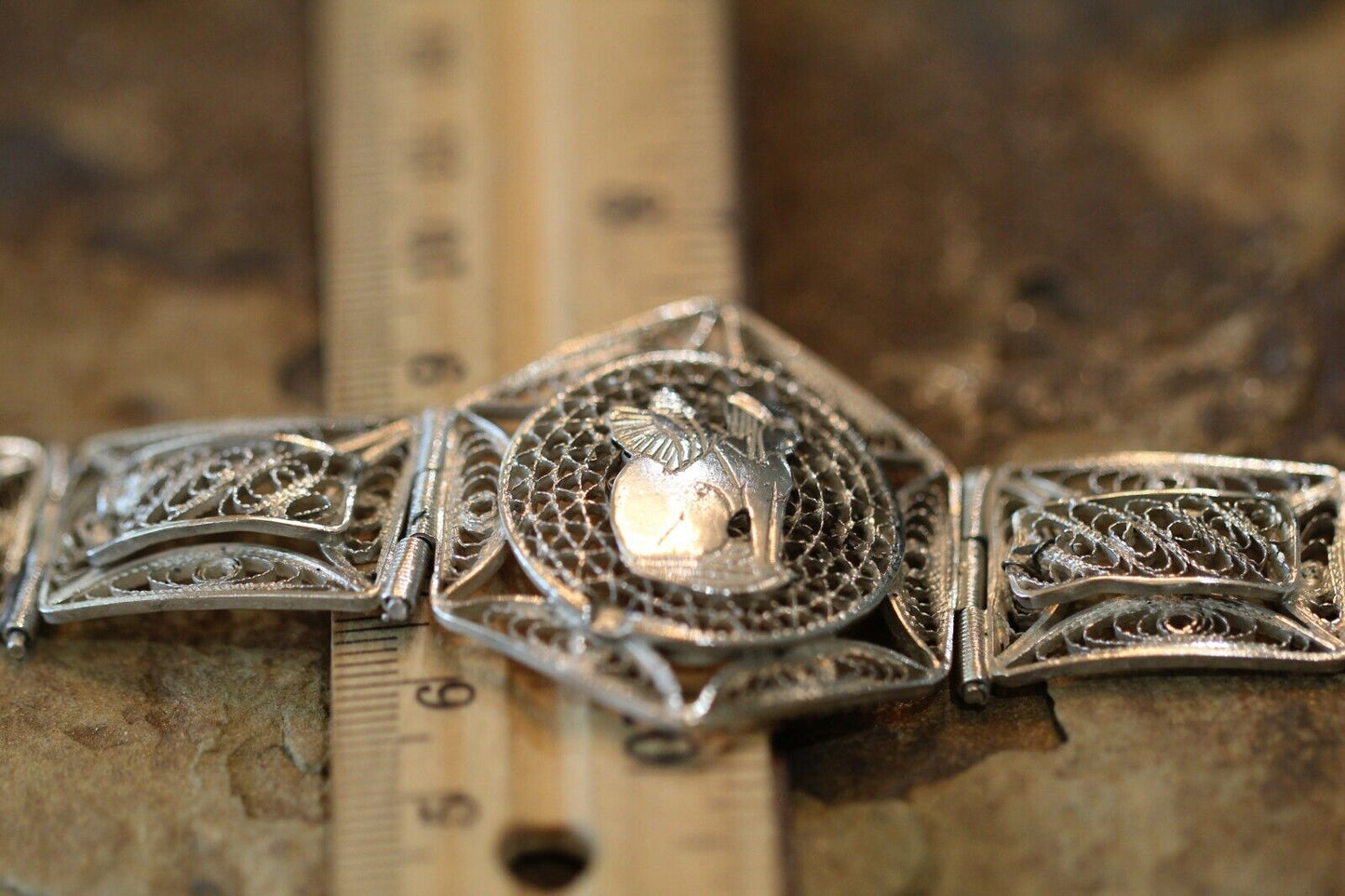*VINTAGE*  EGYPTIAN Sterling Silver Detailed Filigree  Bracelet  7"