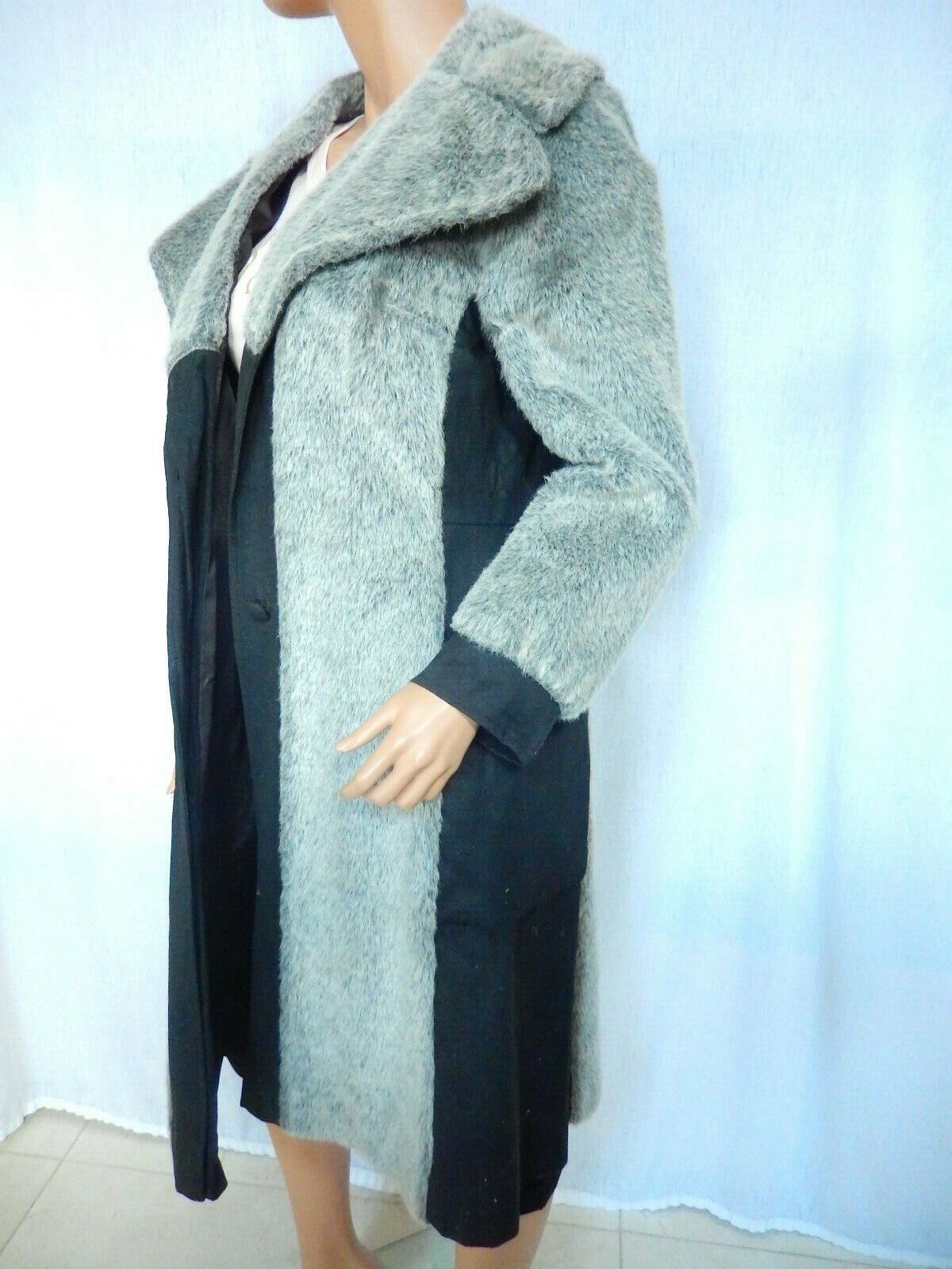 VINTAGE BETTY ROSE  LONG BLACK & GREY FAUX FUR COAT SIZE SMALL