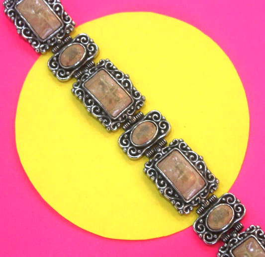 RETIRED Brighton Wide Victorian Style Gemstone & Silver Link Bracelet 7/8" Wide