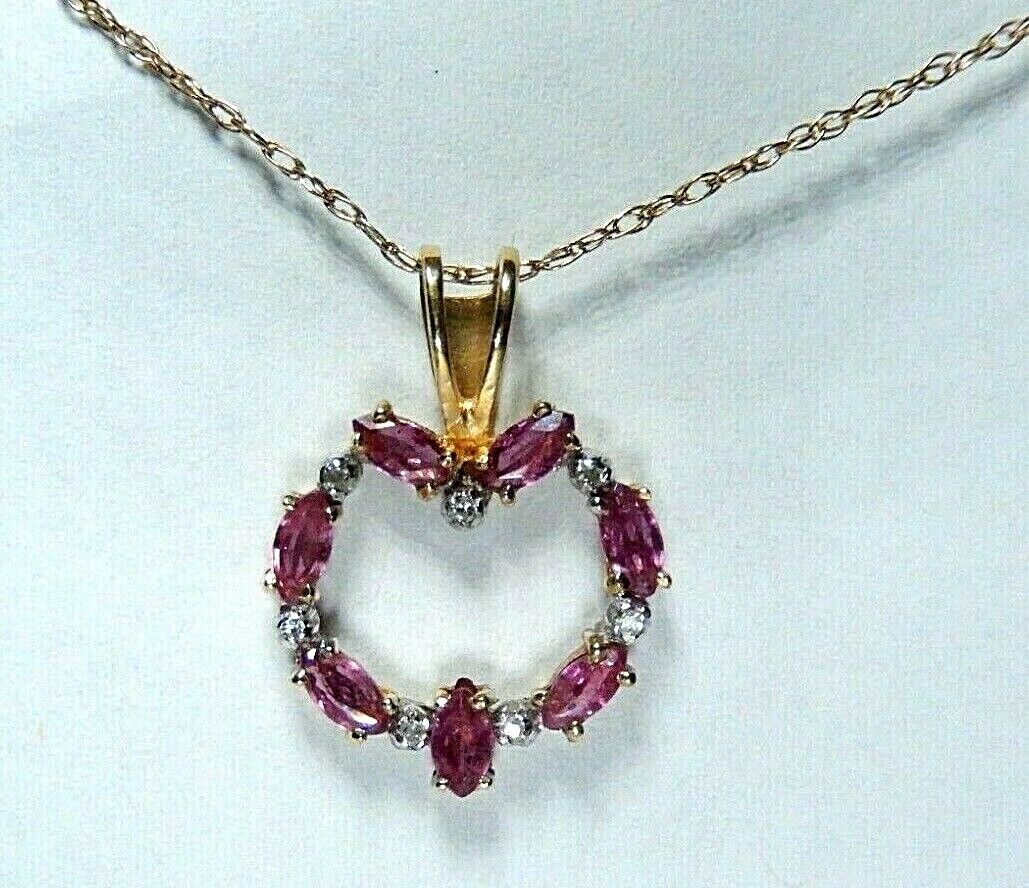 14k Yellow Gold  Marquise Ruby & Diamond Open Heart Pendant with 16" 14K Chain