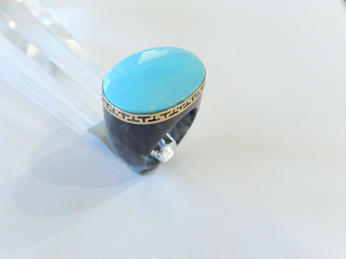 *VINTAGE*  LARGE - Signed "GSJ" - 14K Yellow Gold Black Onyx & Turquoise Ring