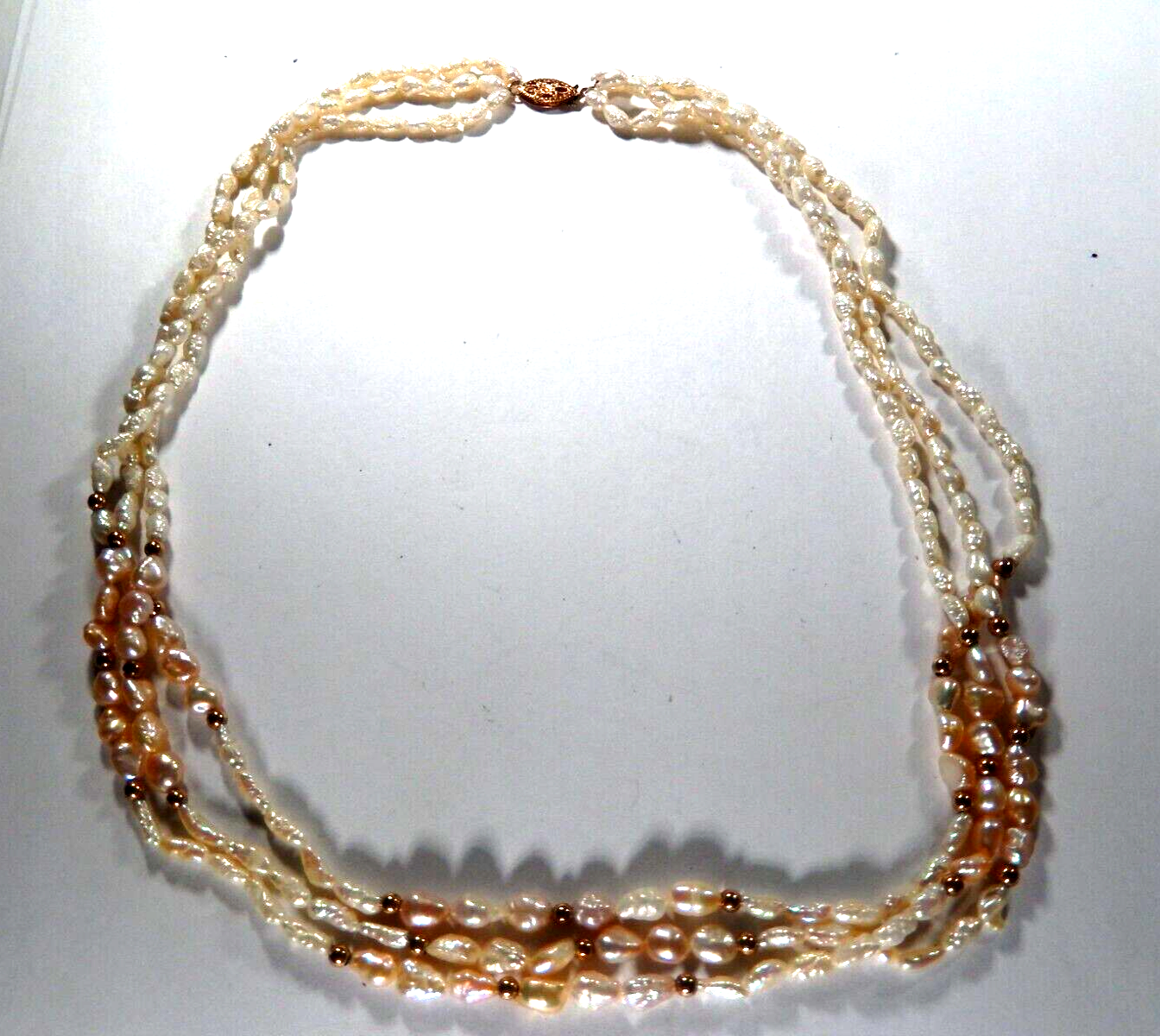*VINTAGE* 14k Yellow Gold Three Strand Beads & Rice Pearl Beaded 18"Necklace